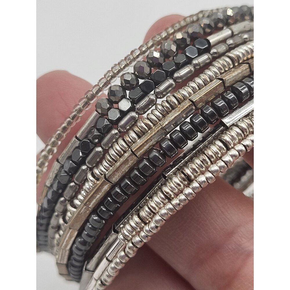 Stella & Dot Celine Silver Beaded Coil Wrap Bracelet Bling with Tassels Hematite - Picture 6 of 8